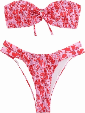 GORGLITTER Women's Strapless Bandeau String Bikini Set Floral Bow Swimsuit High Waisted Smocked Bathing Suit