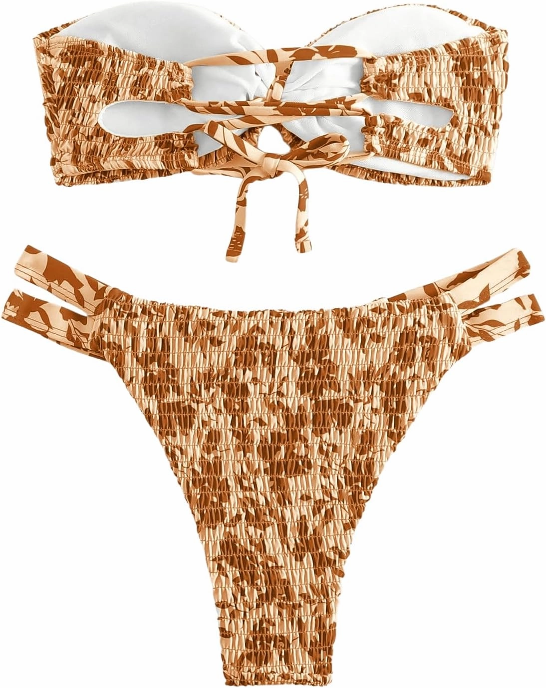 GORGLITTER Women's Strapless Bandeau String Bikini Set Floral Bow Swimsuit High Waisted Smocked Bathing Suit
