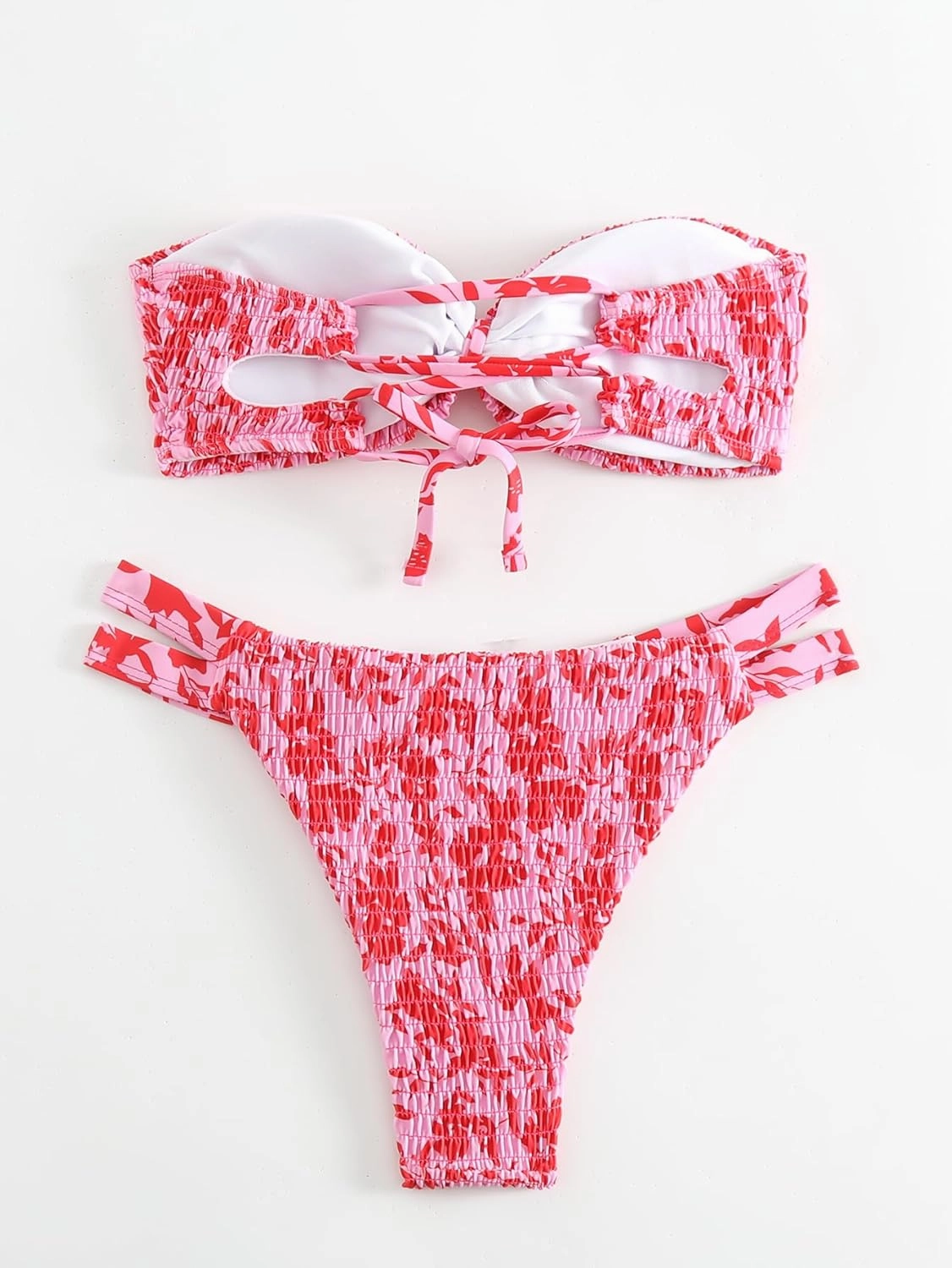 GORGLITTER Women's Strapless Bandeau String Bikini Set Floral Bow Swimsuit High Waisted Smocked Bathing Suit