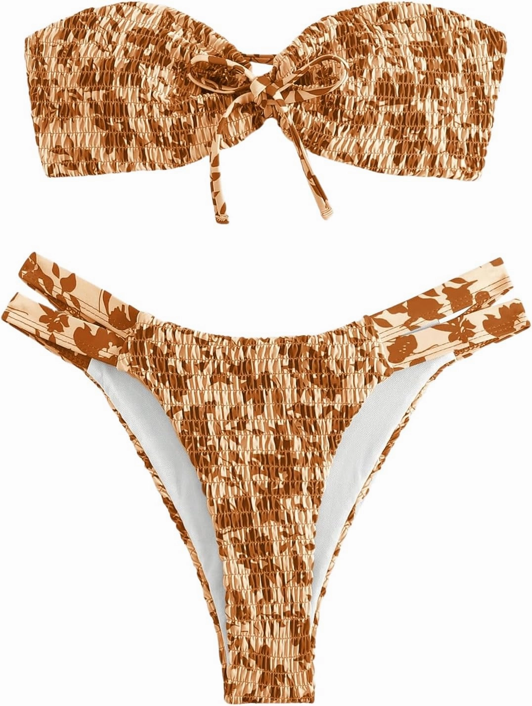 GORGLITTER Women's Strapless Bandeau String Bikini Set Floral Bow Swimsuit High Waisted Smocked Bathing Suit