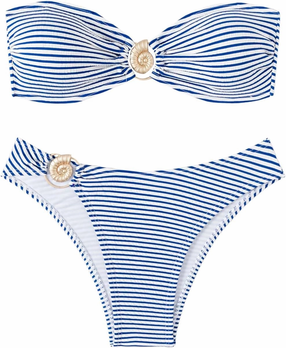 GORGLITTER Women's Striped Strapless Swimsuits Ring Linked Bandeau Bikini Set 2 Piece Bathing Suits