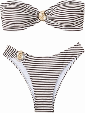 GORGLITTER Women's Striped Strapless Swimsuits Ring Linked Bandeau Bikini Set 2 Piece Bathing Suits