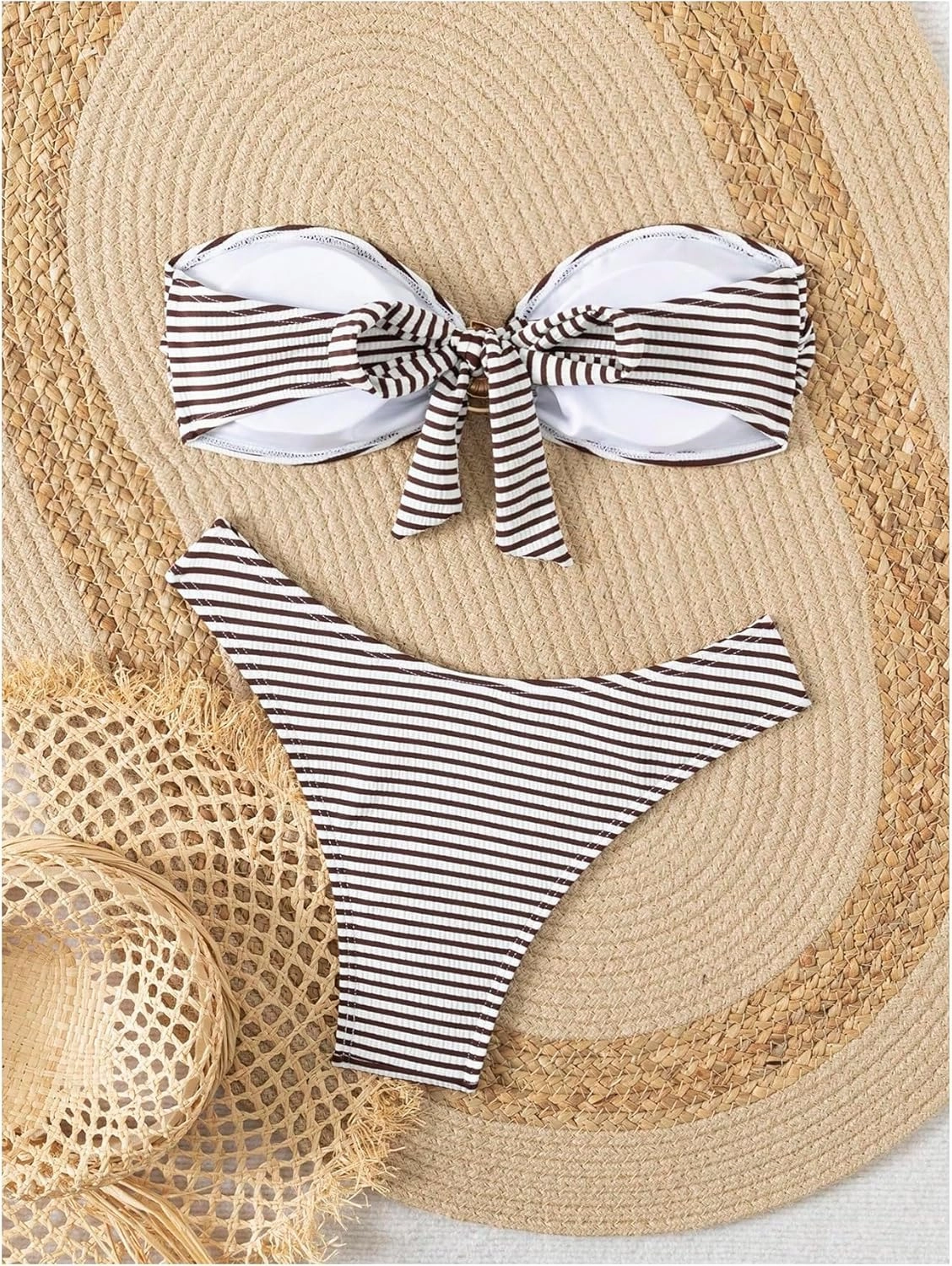 GORGLITTER Women's Striped Strapless Swimsuits Ring Linked Bandeau Bikini Set 2 Piece Bathing Suits