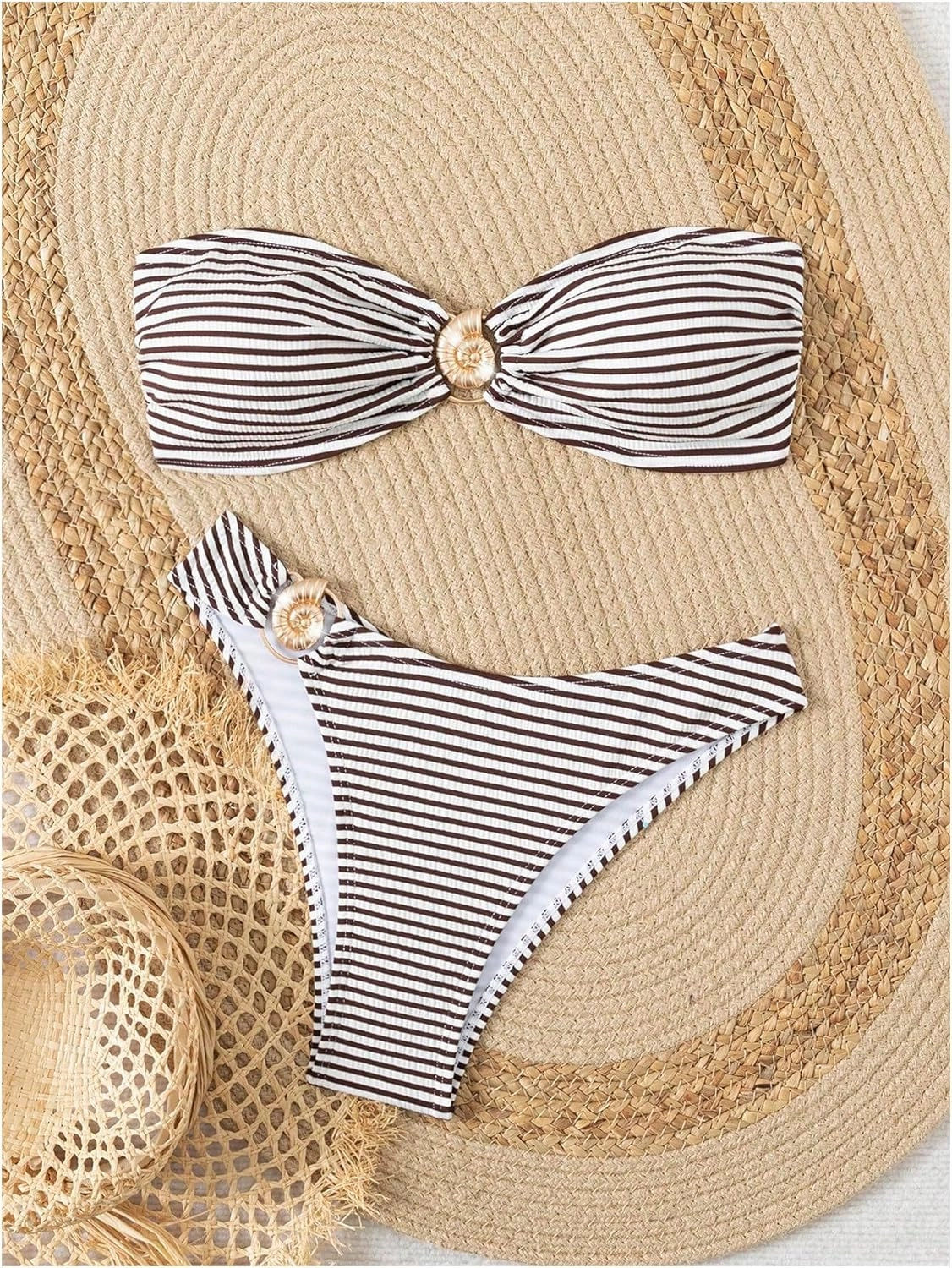 GORGLITTER Women's Striped Strapless Swimsuits Ring Linked Bandeau Bikini Set 2 Piece Bathing Suits