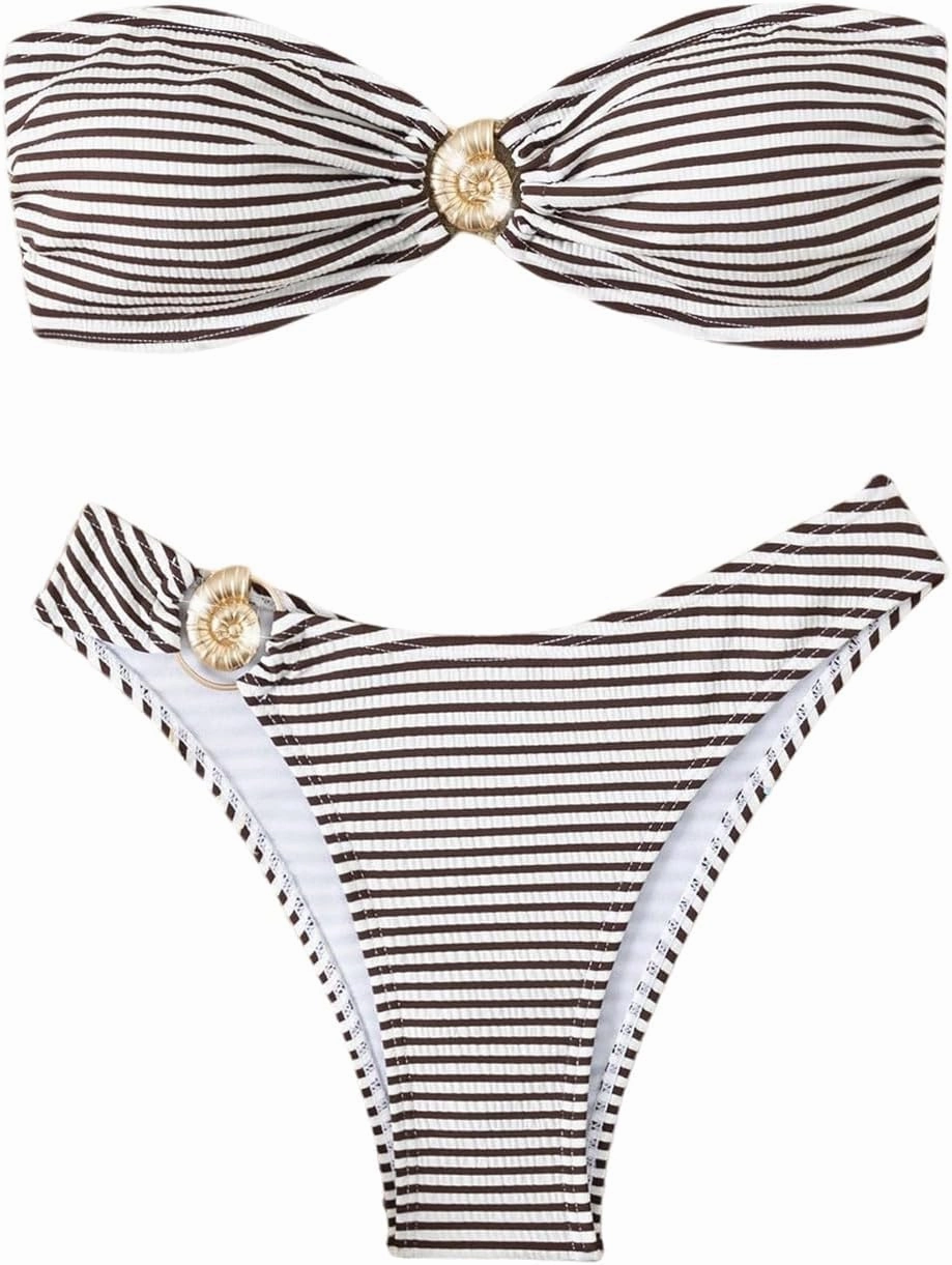 GORGLITTER Women's Striped Strapless Swimsuits Ring Linked Bandeau Bikini Set 2 Piece Bathing Suits