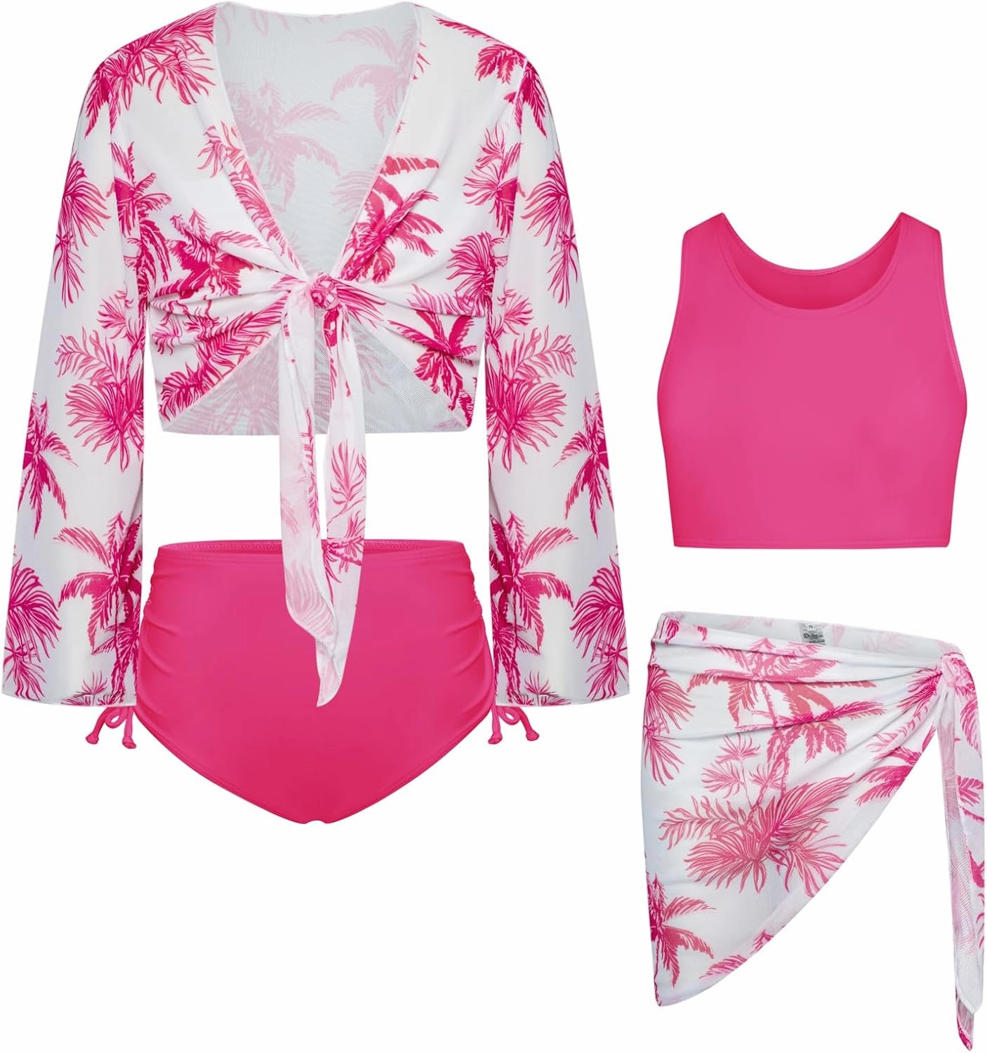 GRACE KARIN Girls Bathing Suit Adjustable Taniki Swimsuit Tie Front 4 Piece Bikini Set with Kimono Cover Up 6-14