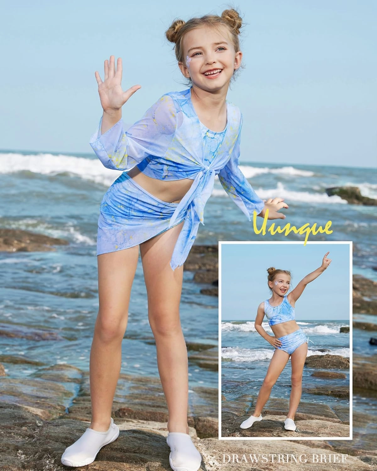 GRACE KARIN Girls Bathing Suit Adjustable Taniki Swimsuit Tie Front 4 Piece Bikini Set with Kimono Cover Up 6-14