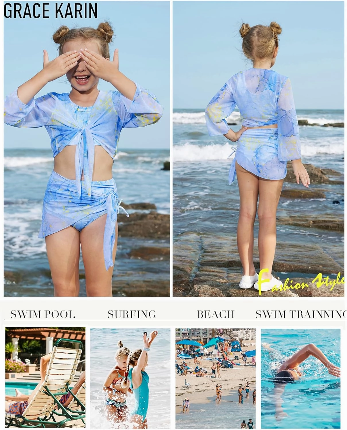 GRACE KARIN Girls Bathing Suit Adjustable Taniki Swimsuit Tie Front 4 Piece Bikini Set with Kimono Cover Up 6-14