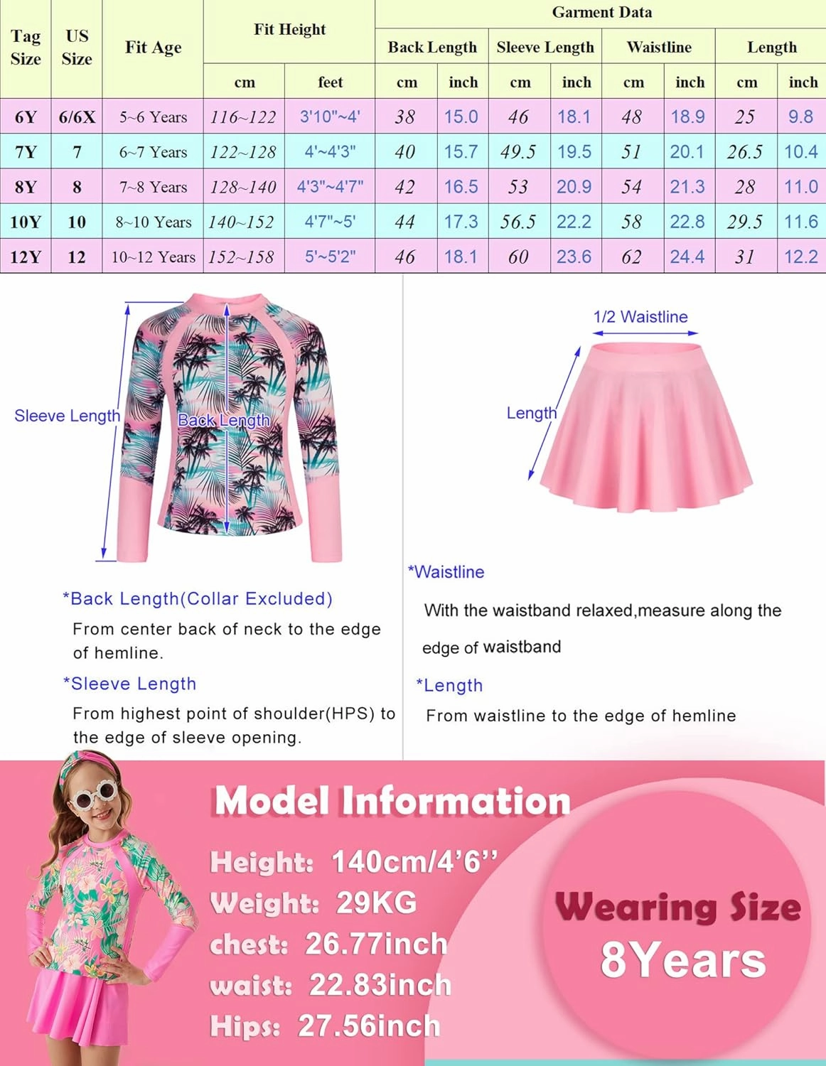 GRACE KARIN Girls Swimsuit Girls Long Sleeve Rash Guard 3-Pieces Bathing Suit 5-12Y