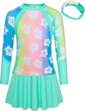 GRACE KARIN Girls Swimsuit Girls Long Sleeve Rash Guard 3-Pieces Bathing Suit 5-12Y