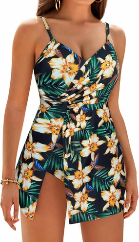 GRACE KARIN Women's One Piece Swim Dress V Neck Tummy Control Swimsuit Vacation Beachwear Bathing Suit