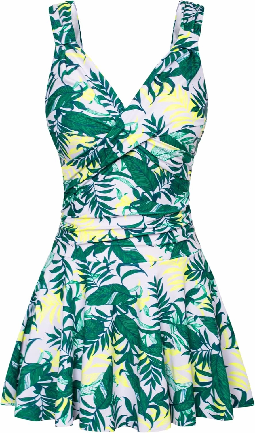GRACE KARIN Women's One Piece Swimdress Tummy Control Bathing Suit V Neck Swimsuit Ruched Skirt Swimwear