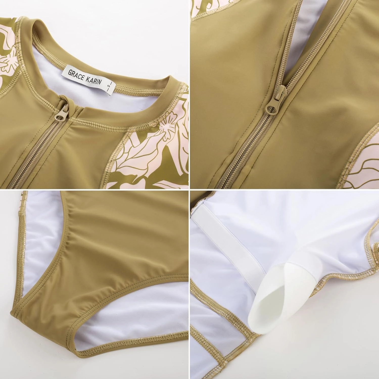 GRACE KARIN Women's Swimwear Rash Guard Short Sleeves Zip Front Round Neck One Piece Bathing Suit