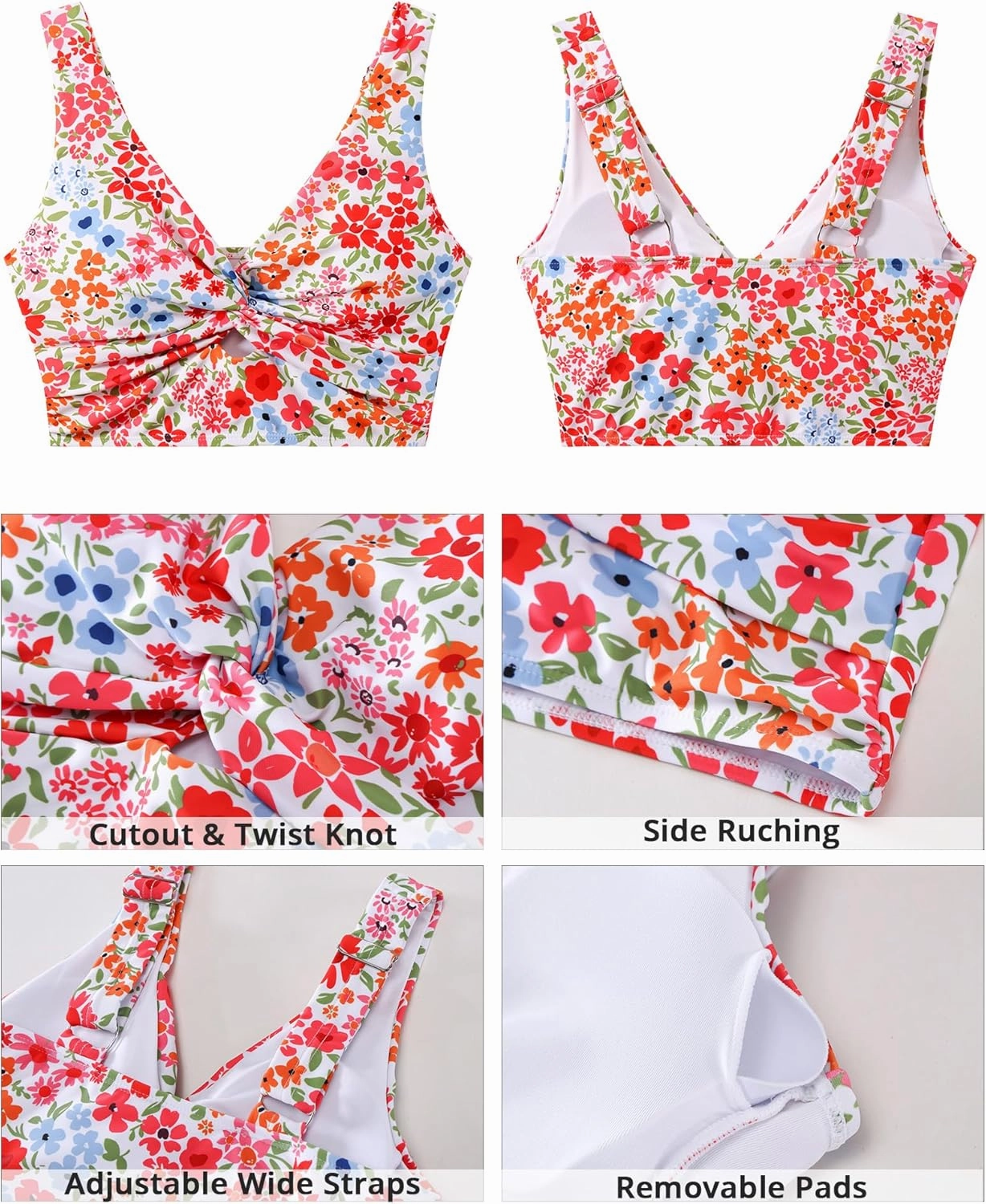 GRAPENT Bikini Tops for Women Cropped Tankini Tops Floral Printed Beach Padded Knot Twist Cut Out Bathing Suit Top Only