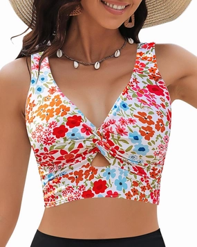 GRAPENT Bikini Tops for Women Cropped Tankini Tops Floral Printed Beach Padded Knot Twist Cut Out Bathing Suit Top Only