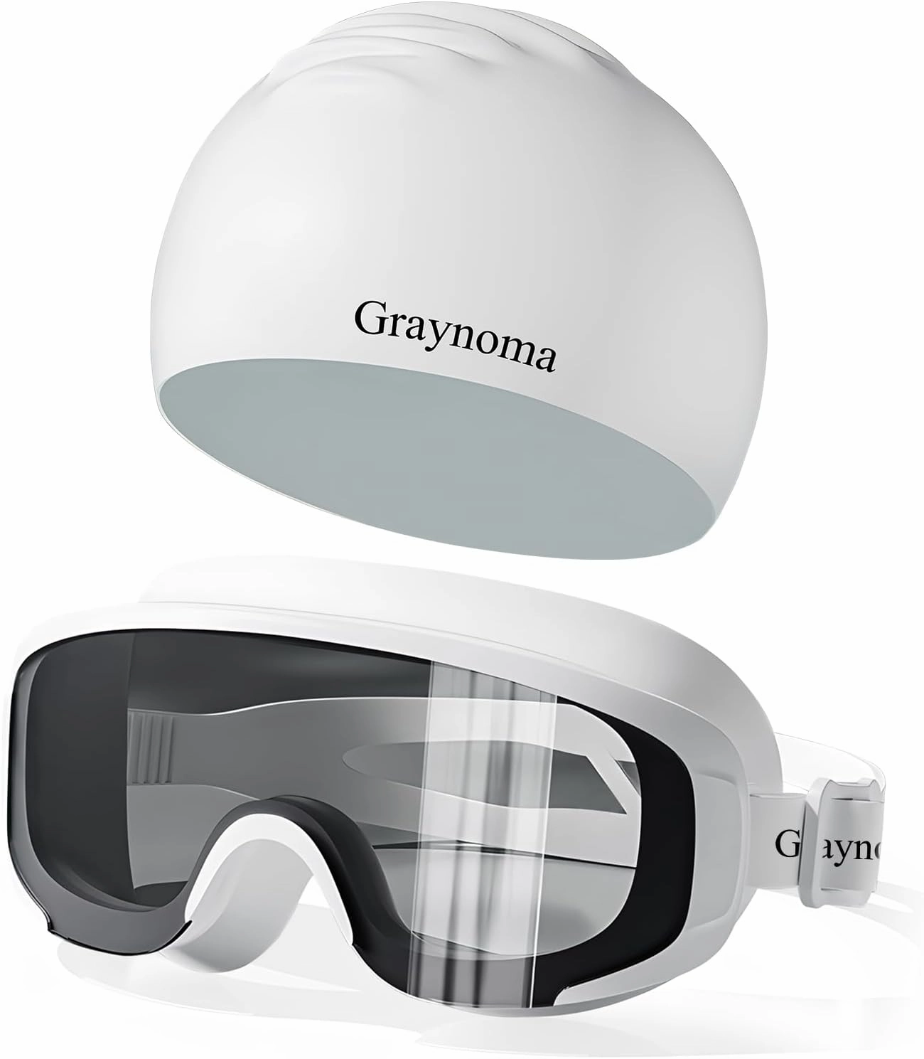 Graynoma Swimming Goggles & Cap Set, Anti Fog Swim Goggles UV Protection Silicone Swim Cap Waterproof for Adult Men Women