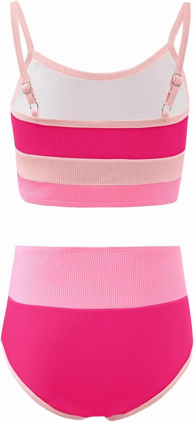 Haloumoning Girls Swimsuits Bikini Set Adjustable Straps Two Piece Color Block Girls' Swimwear with Chest Pad 5-14 Years