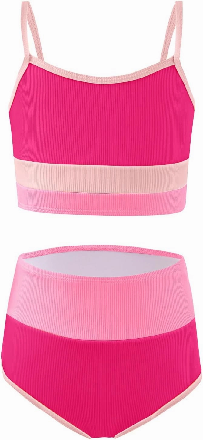 Haloumoning Girls Swimsuits Bikini Set Adjustable Straps Two Piece Color Block Girls' Swimwear with Chest Pad 5-14 Years