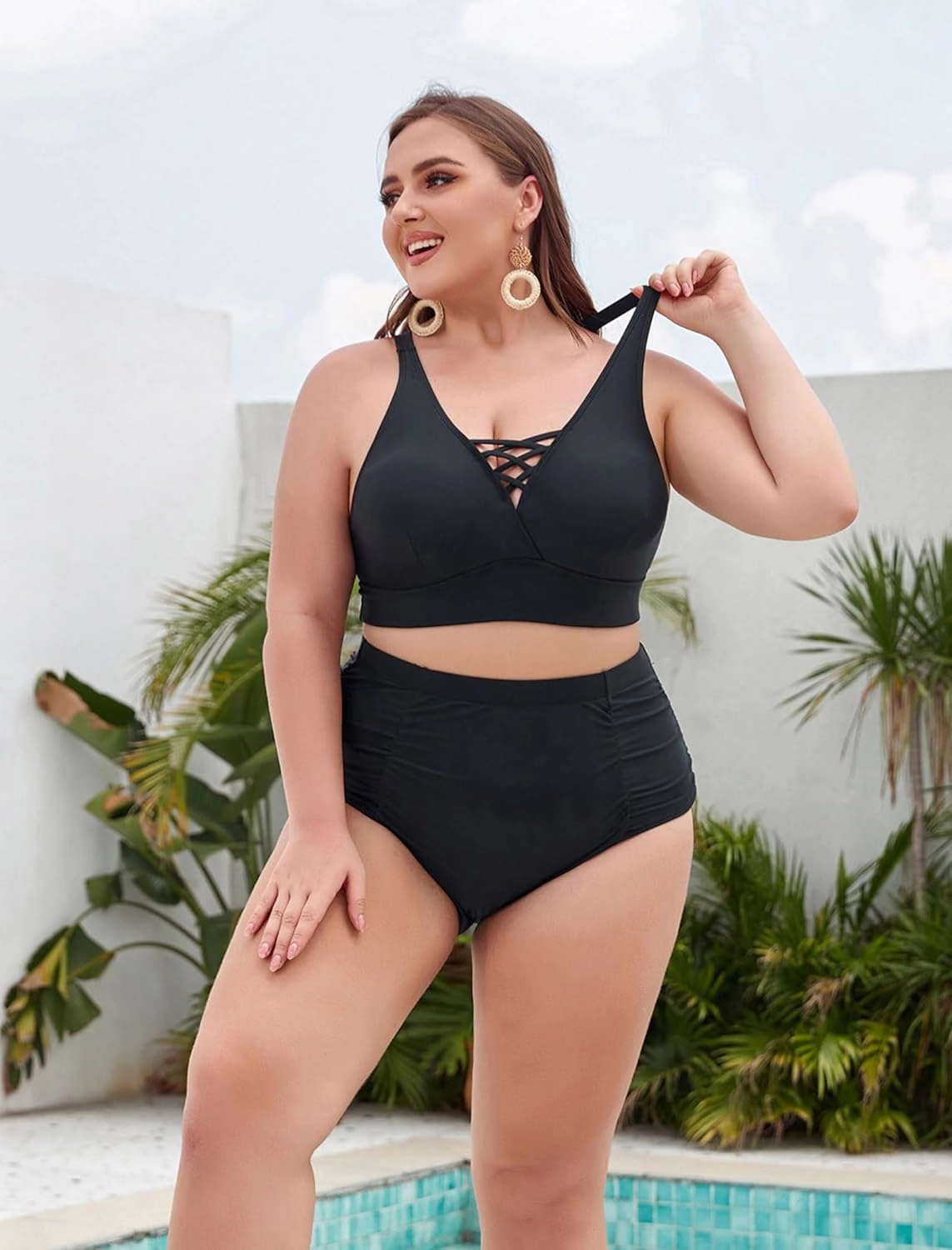 Hanna Nikole Bikini Sets for Women Plus Size Front Strappy Two Piece Bathing Suits High Waist Tummy Control Swimsuit