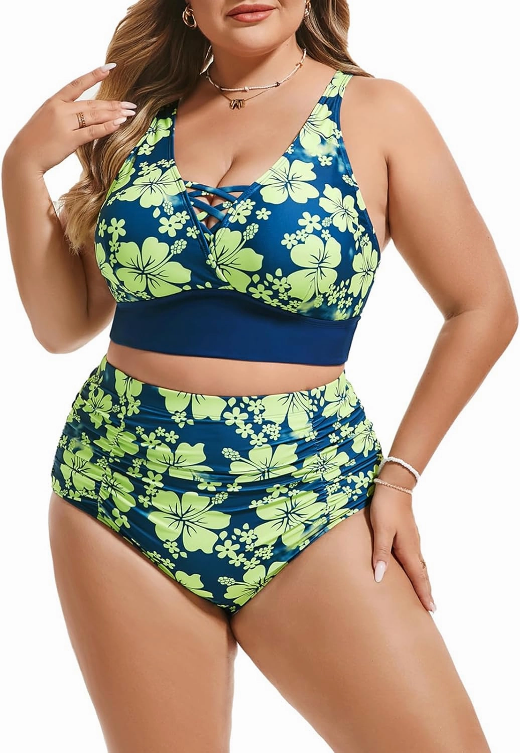 Hanna Nikole Bikini Sets for Women Plus Size Front Strappy Two Piece Bathing Suits High Waist Tummy Control Swimsuit