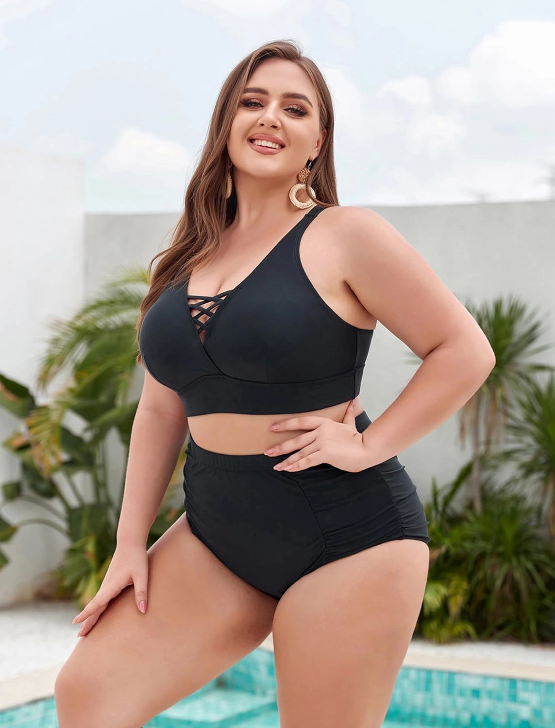 Hanna Nikole Bikini Sets for Women Plus Size Front Strappy Two Piece Bathing Suits High Waist Tummy Control Swimsuit