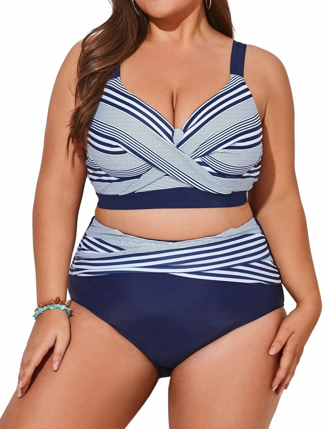 Hanna Nikole Womens Plus Size Bikini Set Two Piece High Waisted Swimsuits Tummy Control Bathing Suit Twist Front Swimwear