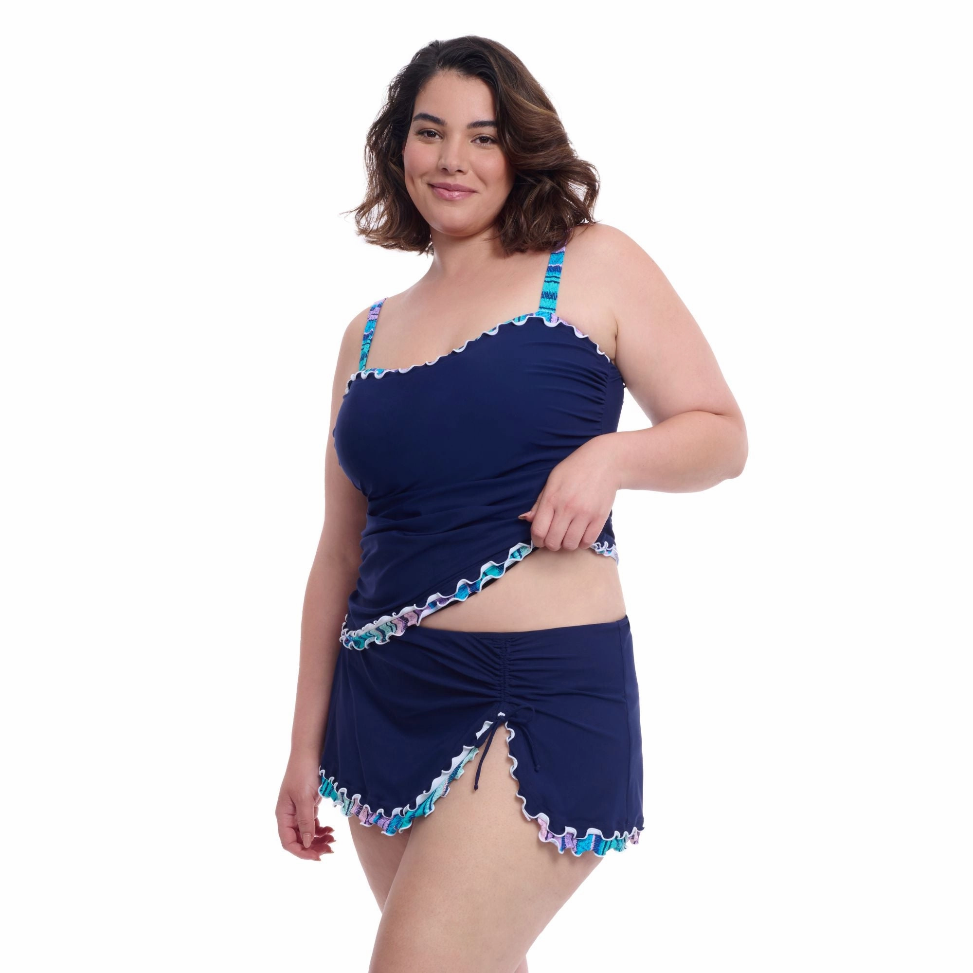 Harmony Full Figure Navy Ruffle Trim Womens Tankini Swim Top