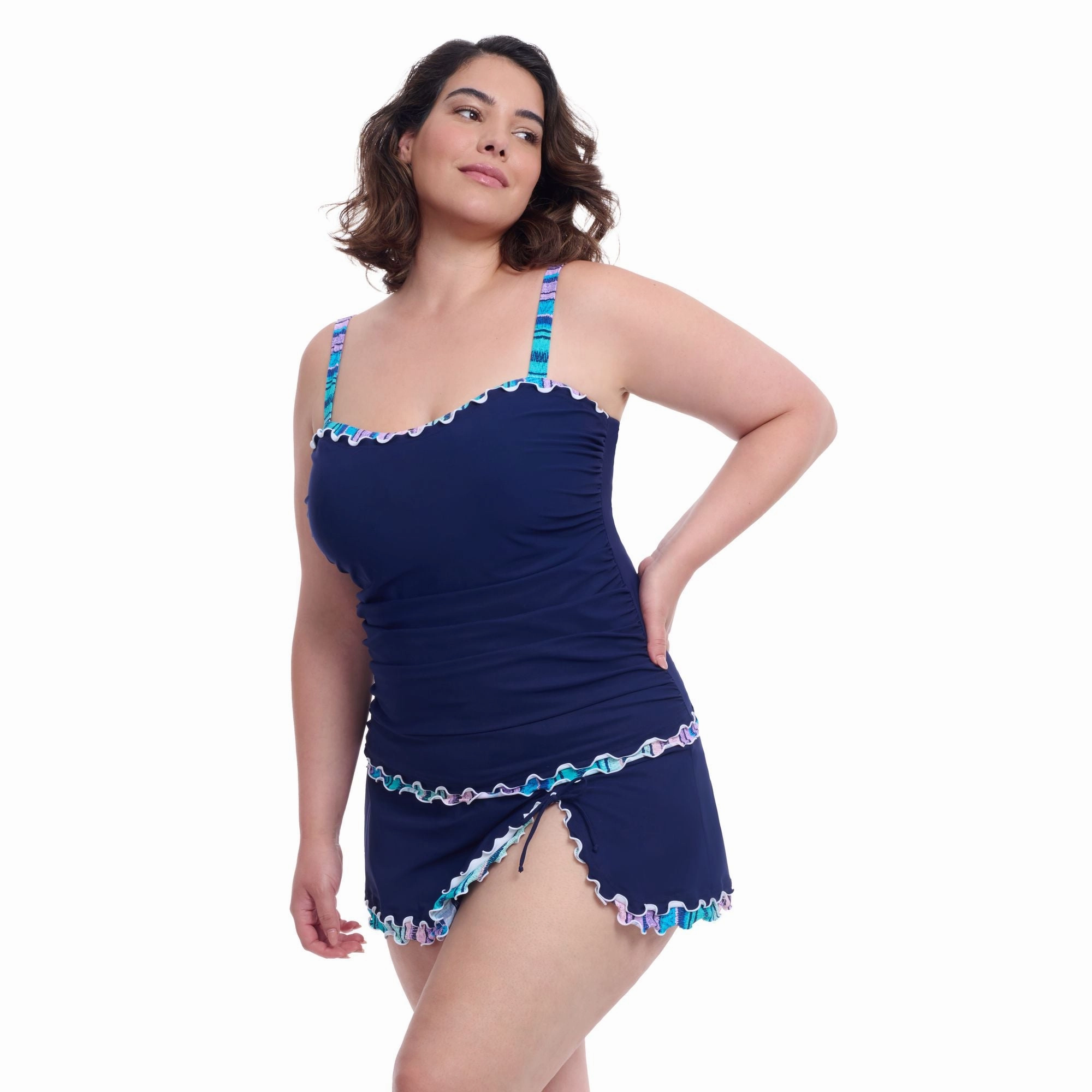 Harmony Full Figure Navy Ruffle Trim Womens Tankini Swim Top