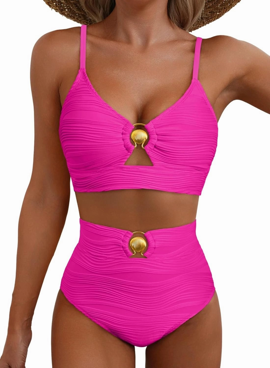 Herseas 2 Piece Bestselling Bikini Set Metal Ring Cutout Swimsuit High Waisted Textured 2025 Summer Beach Bathing Suits