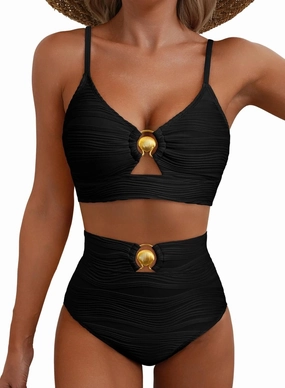Herseas 2 Piece Bestselling Bikini Set Metal Ring Cutout Swimsuit High Waisted Textured 2025 Summer Beach Bathing Suits