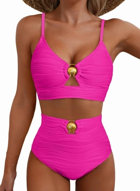 Herseas 2 Piece Bestselling Bikini Set Metal Ring Cutout Swimsuit High Waisted Textured 2025 Summer Beach Bathing Suits