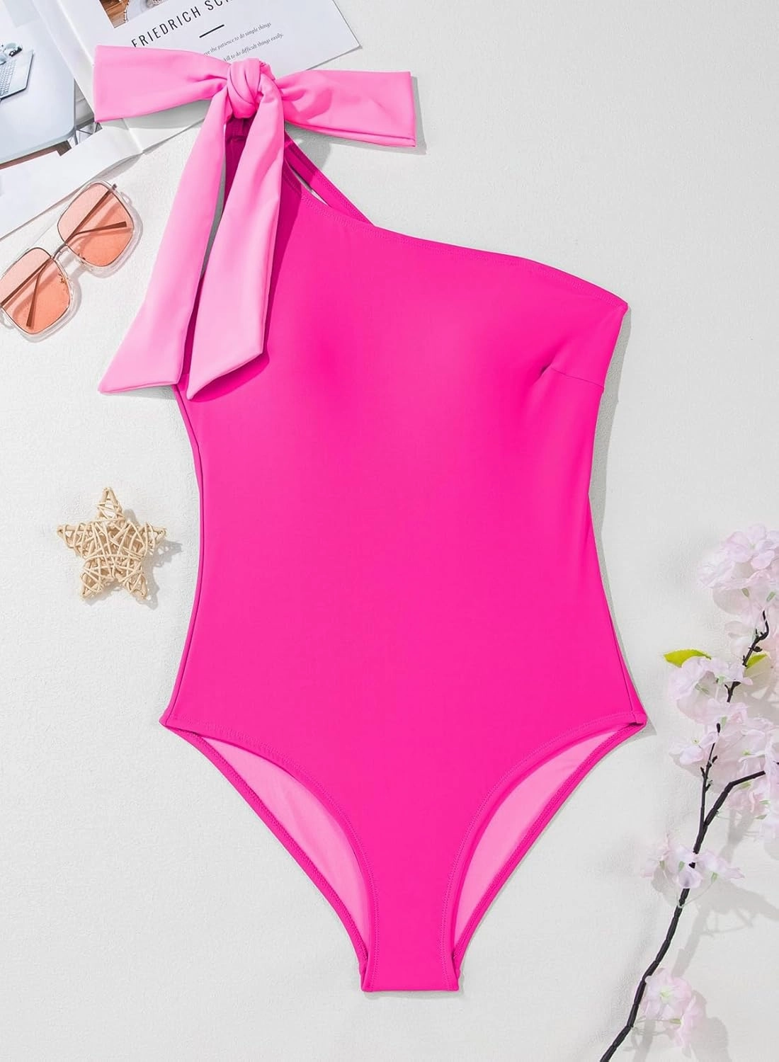 Herseas Women One Bow Shoulder One Piece Swimsuit Asymmetric Cutout Bathing Suit