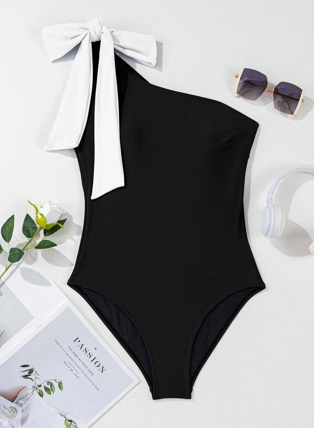 Herseas Women One Bow Shoulder One Piece Swimsuit Asymmetric Cutout Bathing Suit