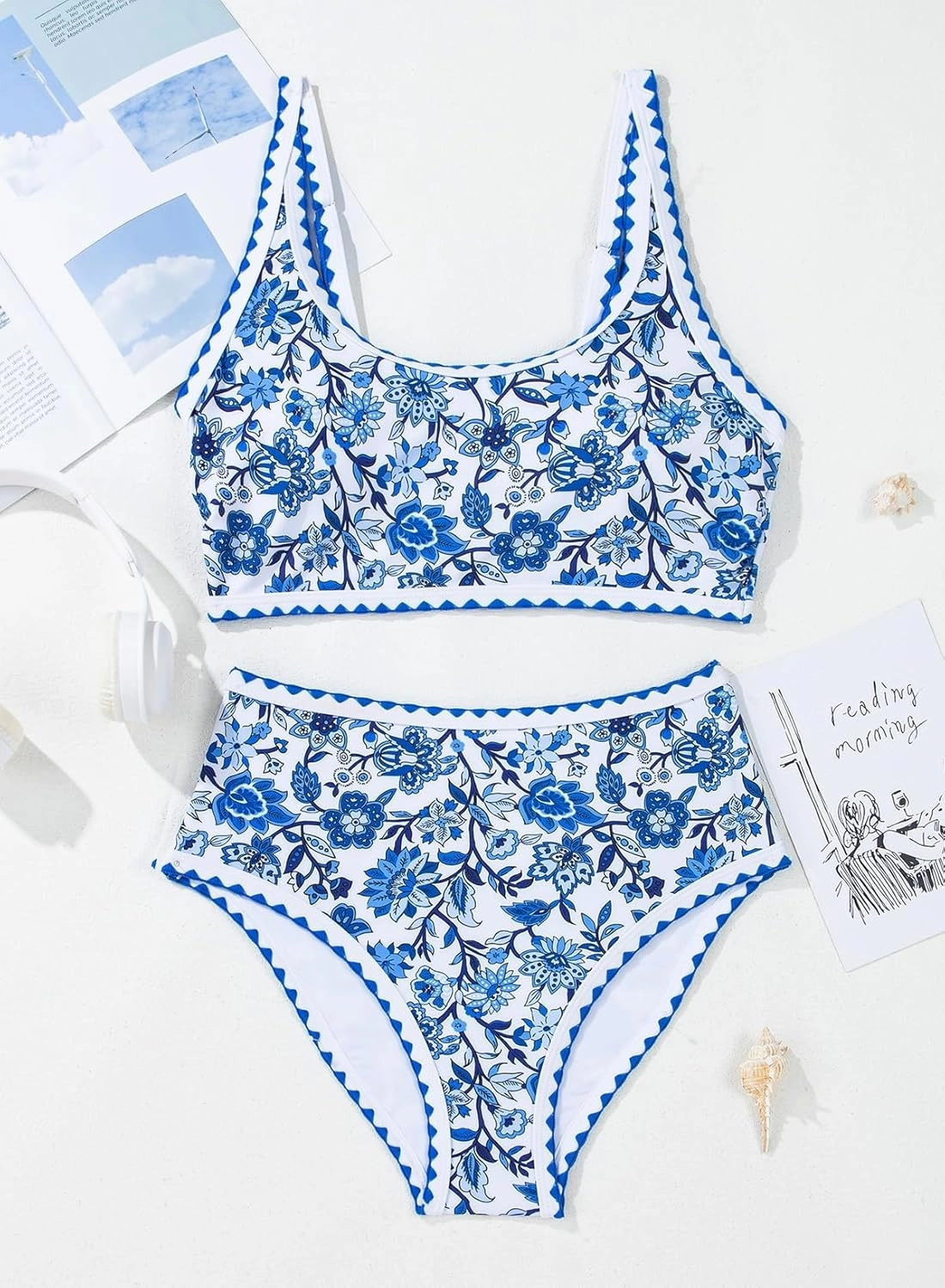 Herseas Women's Bikini Sets Floral Print Whip Stitch 2 Piece Swimsuits High Waisted Scoop Bathing Suits