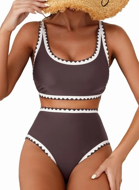 Herseas Women's Bikini Sets Floral Print Whip Stitch 2 Piece Swimsuits High Waisted Scoop Bathing Suits