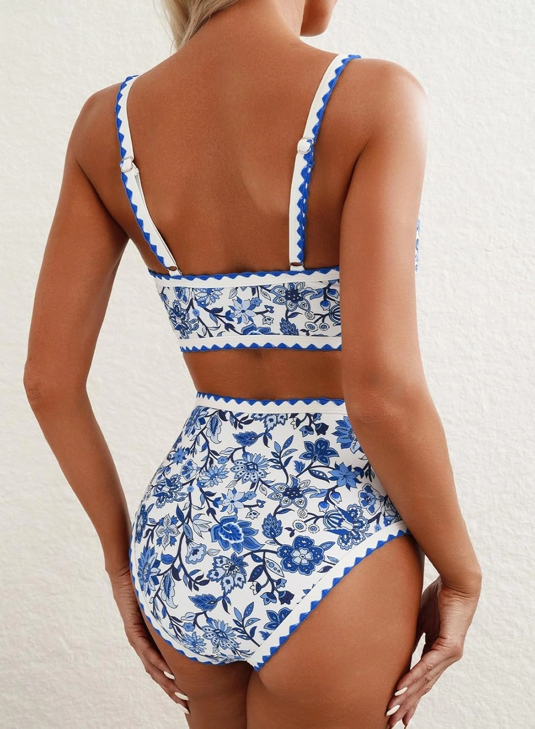 Herseas Women's Bikini Sets Floral Print Whip Stitch 2 Piece Swimsuits High Waisted Scoop Bathing Suits