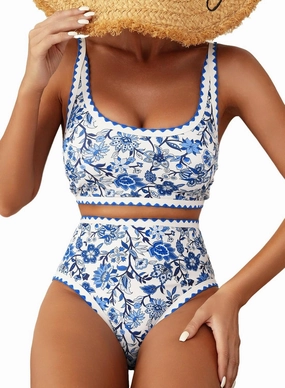 Herseas Women's Bikini Sets Floral Print Whip Stitch 2 Piece Swimsuits High Waisted Scoop Bathing Suits