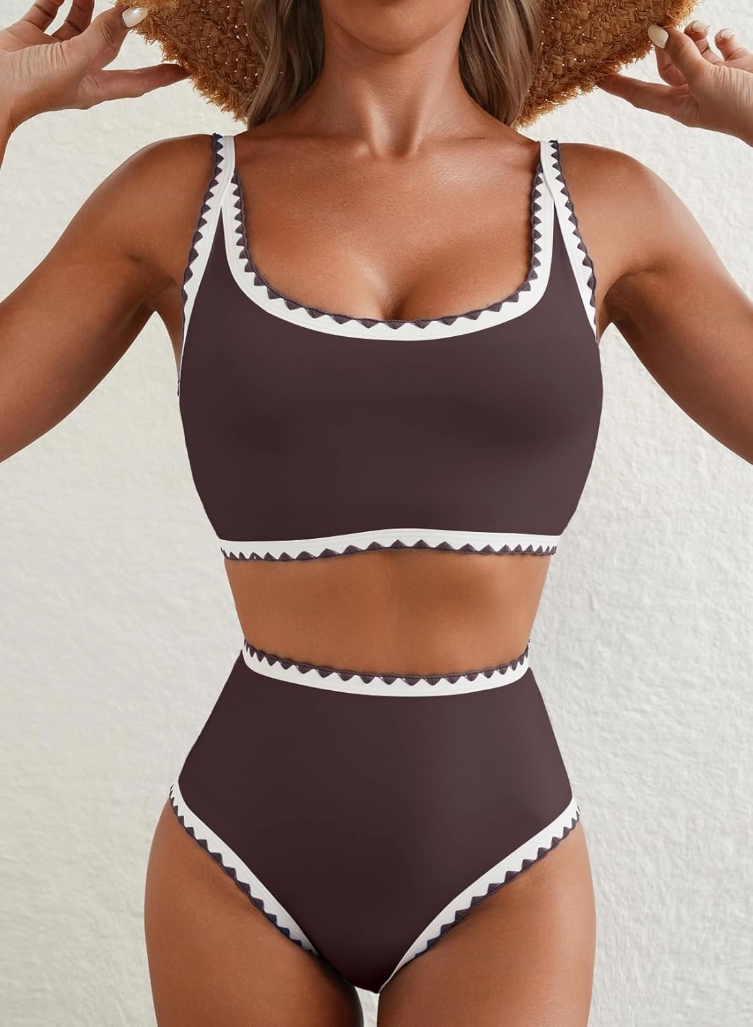 Herseas Women's Bikini Sets Floral Print Whip Stitch 2 Piece Swimsuits High Waisted Scoop Bathing Suits
