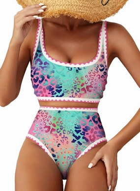 Herseas Women's Bikini Sets Floral Print Whip Stitch 2 Piece Swimsuits High Waisted Scoop Bathing Suits