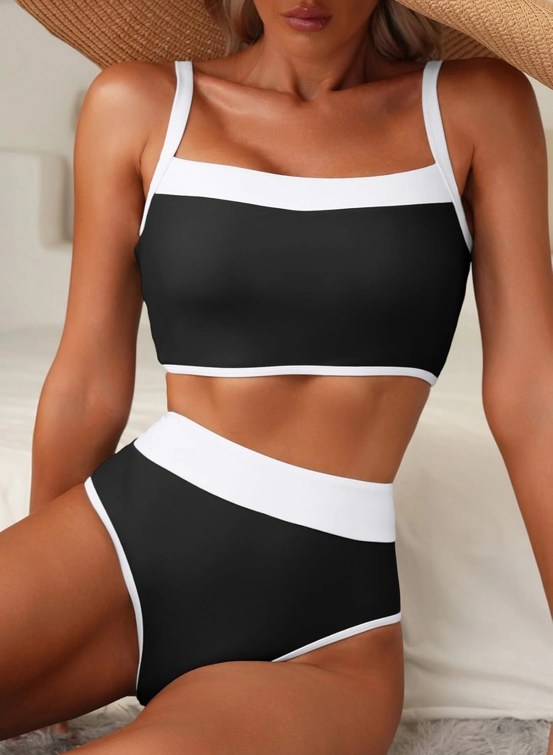 Herseas Women's Two Tone Patchwork Bikini Sets U Neck Swimsuit High Waisted Bathing Suit