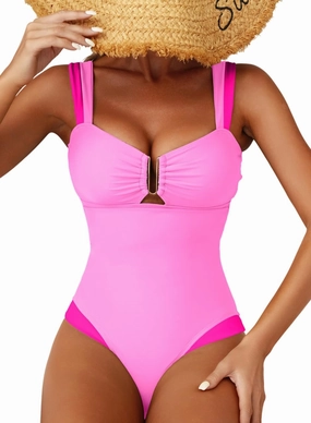 Herseas Women's Two Tone Patchwork One Piece Swimsuit U Hardware Cutout Bathing Suit