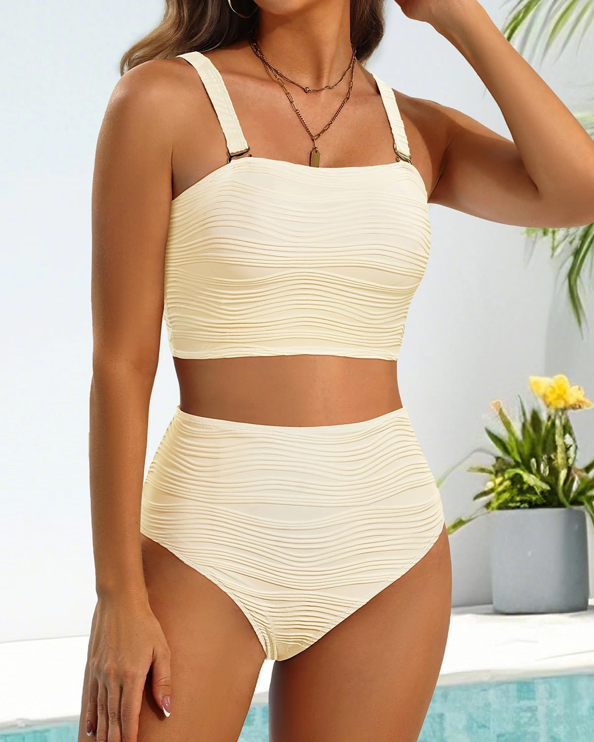 High Waisted Bandeau Bikini Set - Women Strapless Two Piece Swimsuits Ribbed Longline Full Coverage Bathing Suits Swimwear