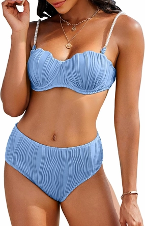 High Waisted Bikini Sets for Women 2 Piece Underwire Swimsuits Tummy Control Bathing Suit Bandeau Teen Girl
