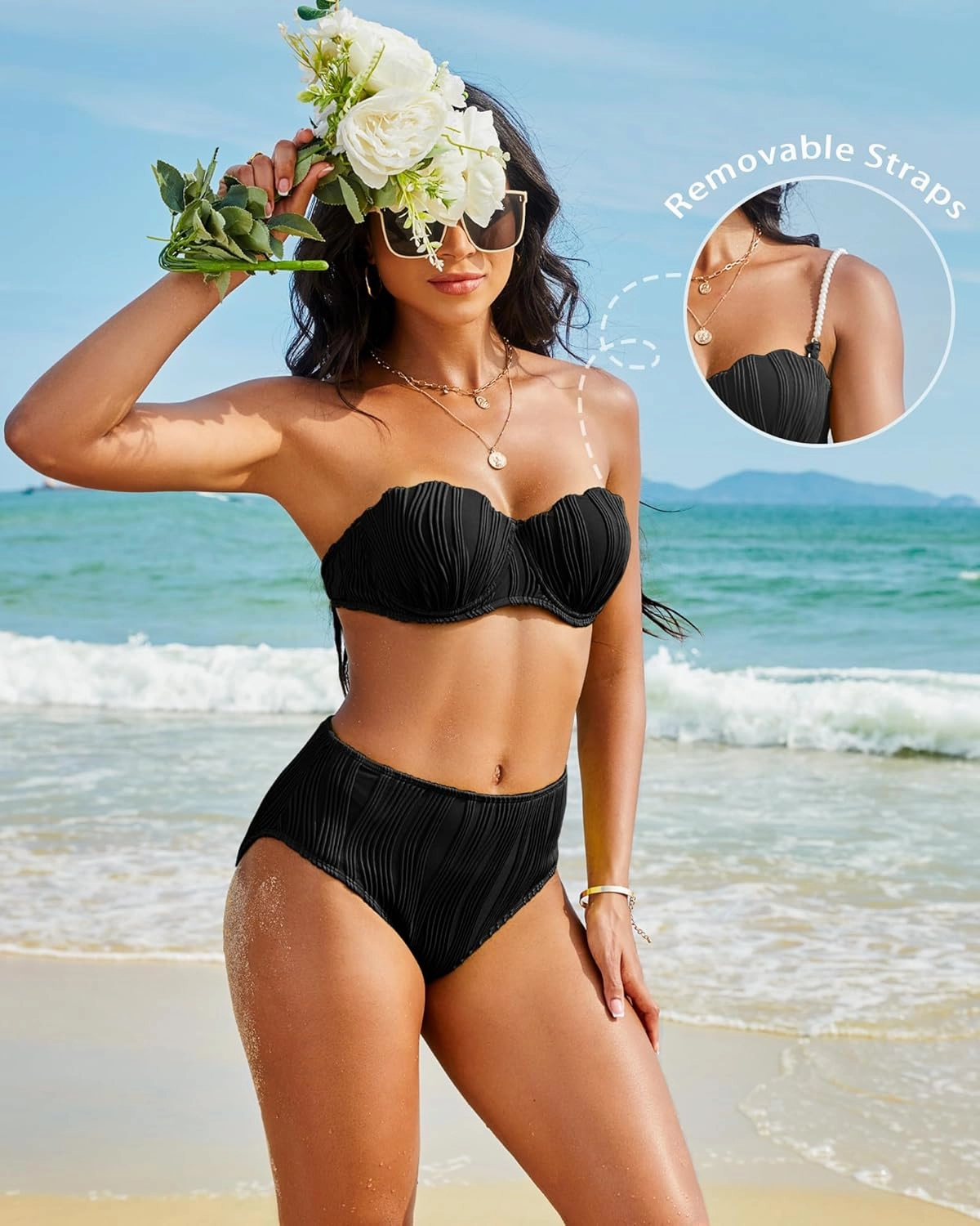 High Waisted Bikini Sets for Women 2 Piece Underwire Swimsuits Tummy Control Bathing Suit Bandeau Teen Girl