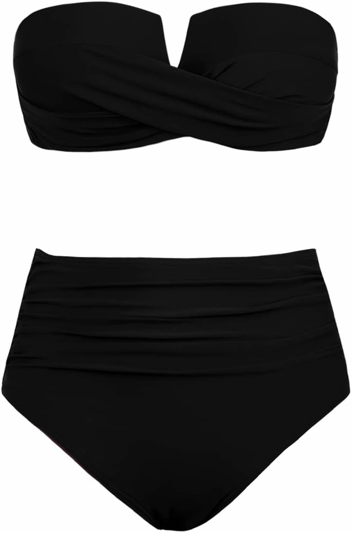 Hilor Bandeau Two Piece Bathing Suits for Women with Strap Retro High Waisted Swimsuits Sexy Push Up Bikini Swimwear