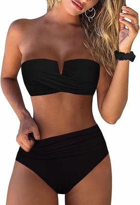 Hilor Bandeau Two Piece Bathing Suits for Women with Strap Retro High Waisted Swimsuits Sexy Push Up Bikini Swimwear