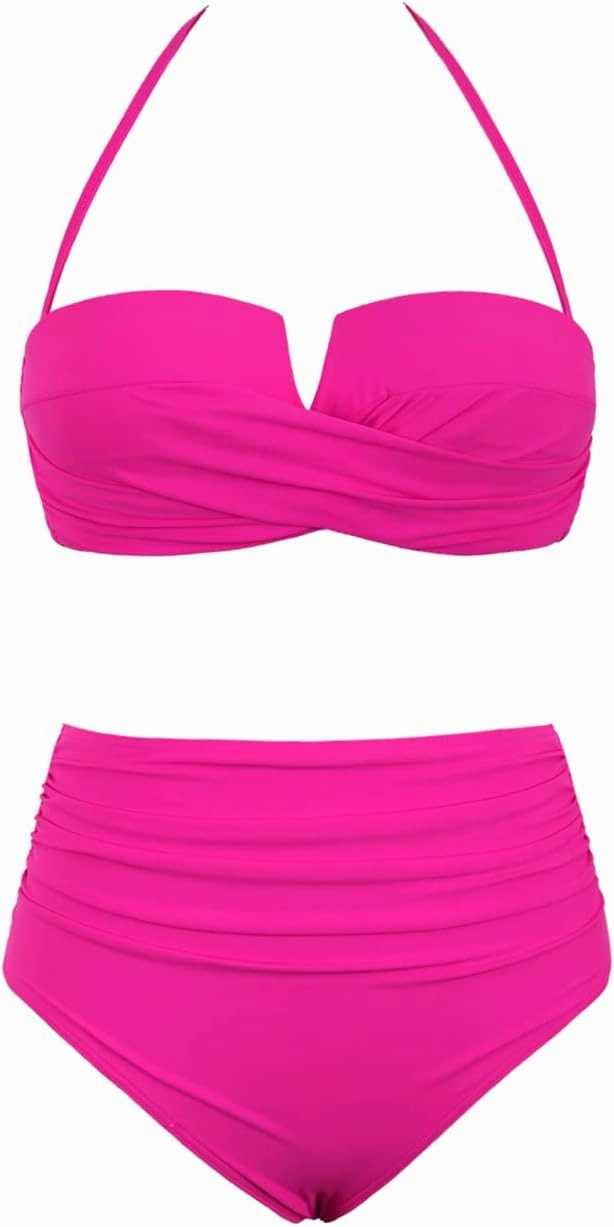 Hilor Bandeau Two Piece Bathing Suits for Women with Strap Retro High Waisted Swimsuits Sexy Push Up Bikini Swimwear