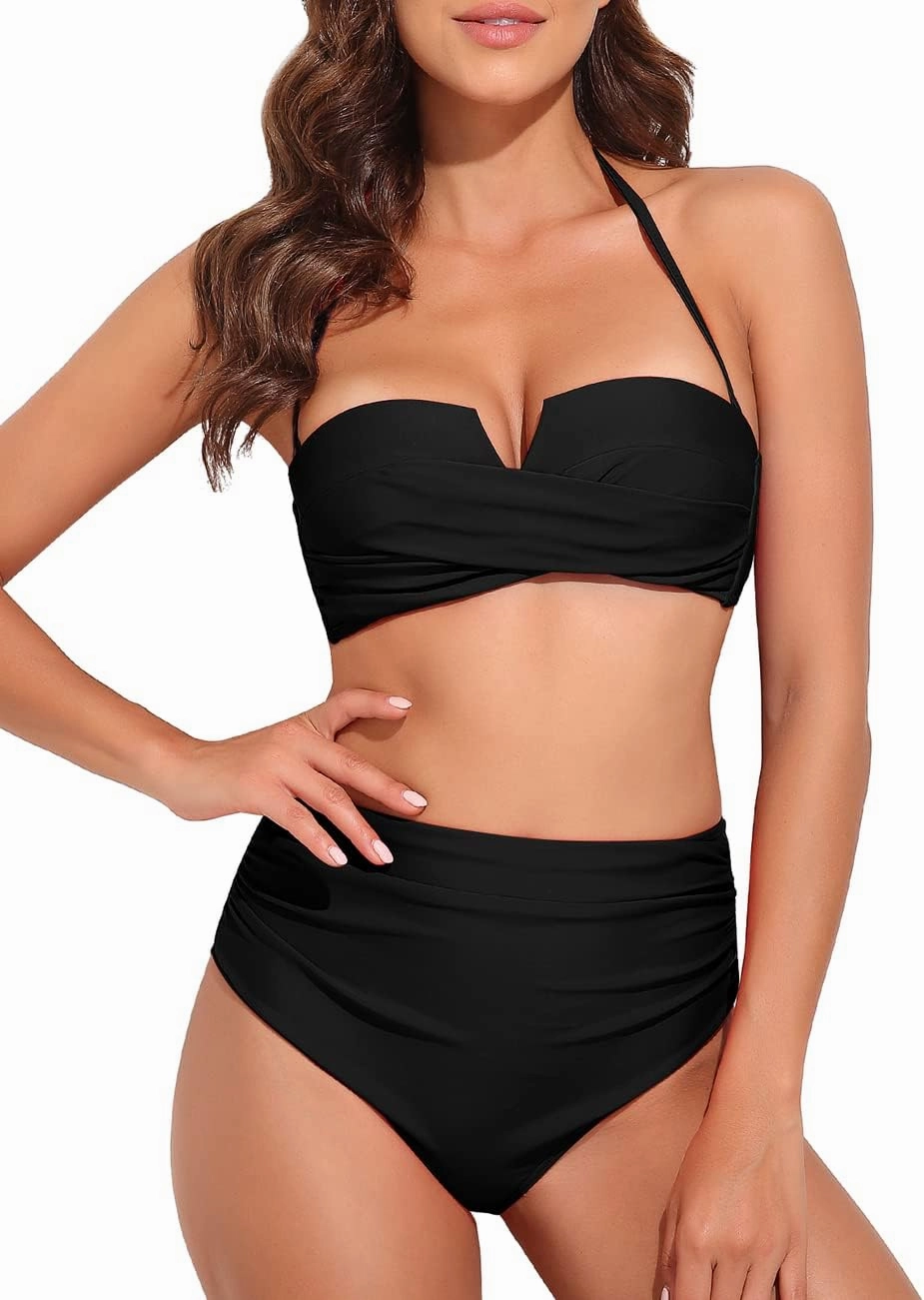 Hilor Bandeau Two Piece Bathing Suits for Women with Strap Retro High Waisted Swimsuits Sexy Push Up Bikini Swimwear
