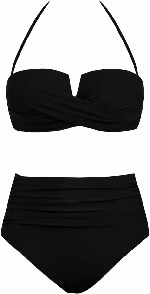 Hilor Bandeau Two Piece Bathing Suits for Women with Strap Retro High Waisted Swimsuits Sexy Push Up Bikini Swimwear