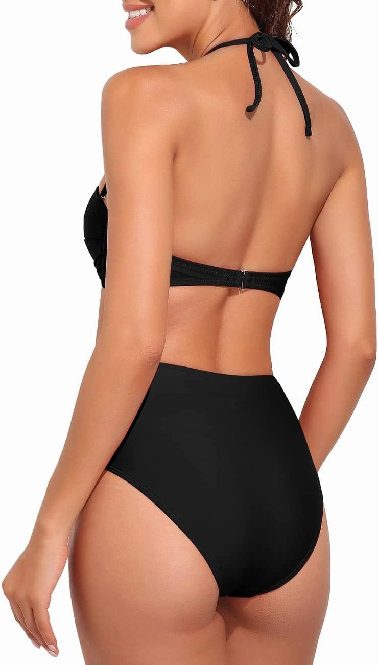 Hilor Bandeau Two Piece Bathing Suits for Women with Strap Retro High Waisted Swimsuits Sexy Push Up Bikini Swimwear